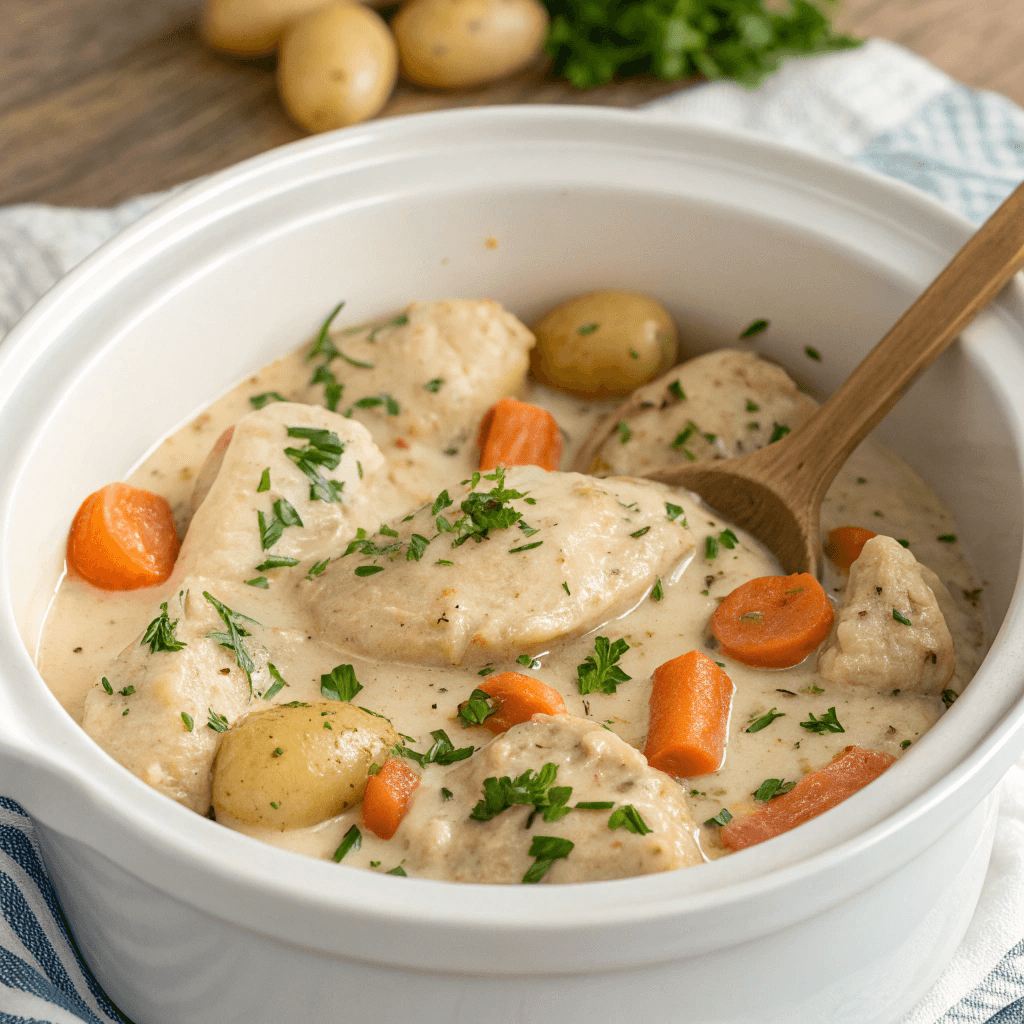 Hero shot of creamy Crockpot Ranch Chicken with potatoes and carrots in a white slow cooker.