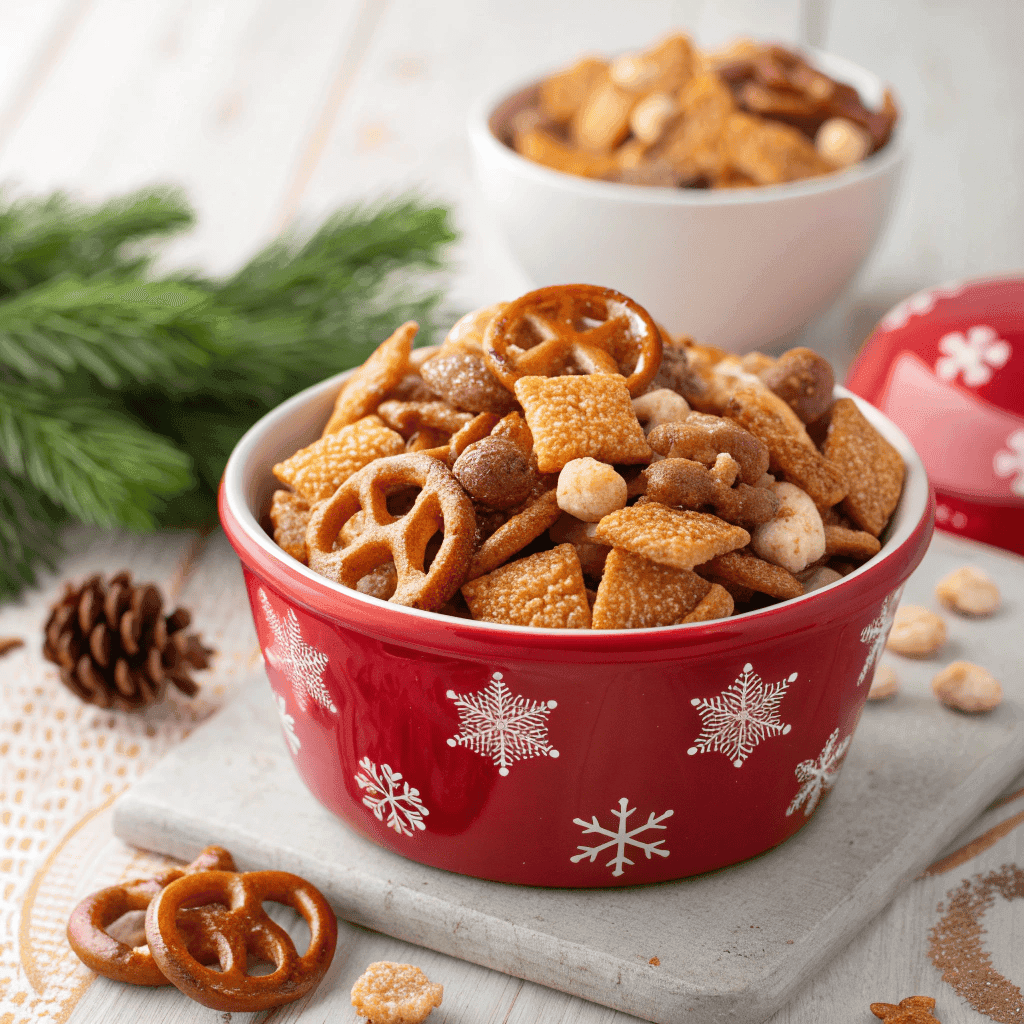 Close-up hero image of crunchy toffee-coated Chex Mix in a festive red bowl.