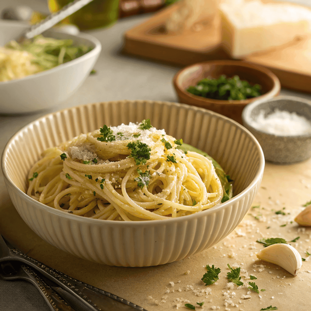 Hero image of garlic butter spaghetti topped with parmesan and parsley in a beige bowl.