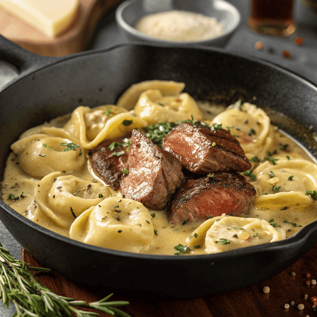 Close-up hero image of garlic steak tortellini in a skillet with creamy sauce and seared steak bites.