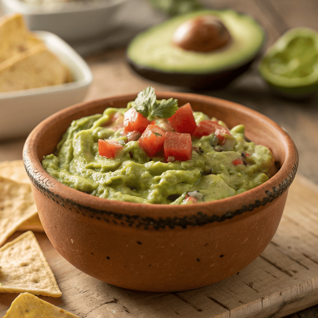 Close-up hero image of chunky homemade guacamole in a terracotta bowl with tortilla chips.
