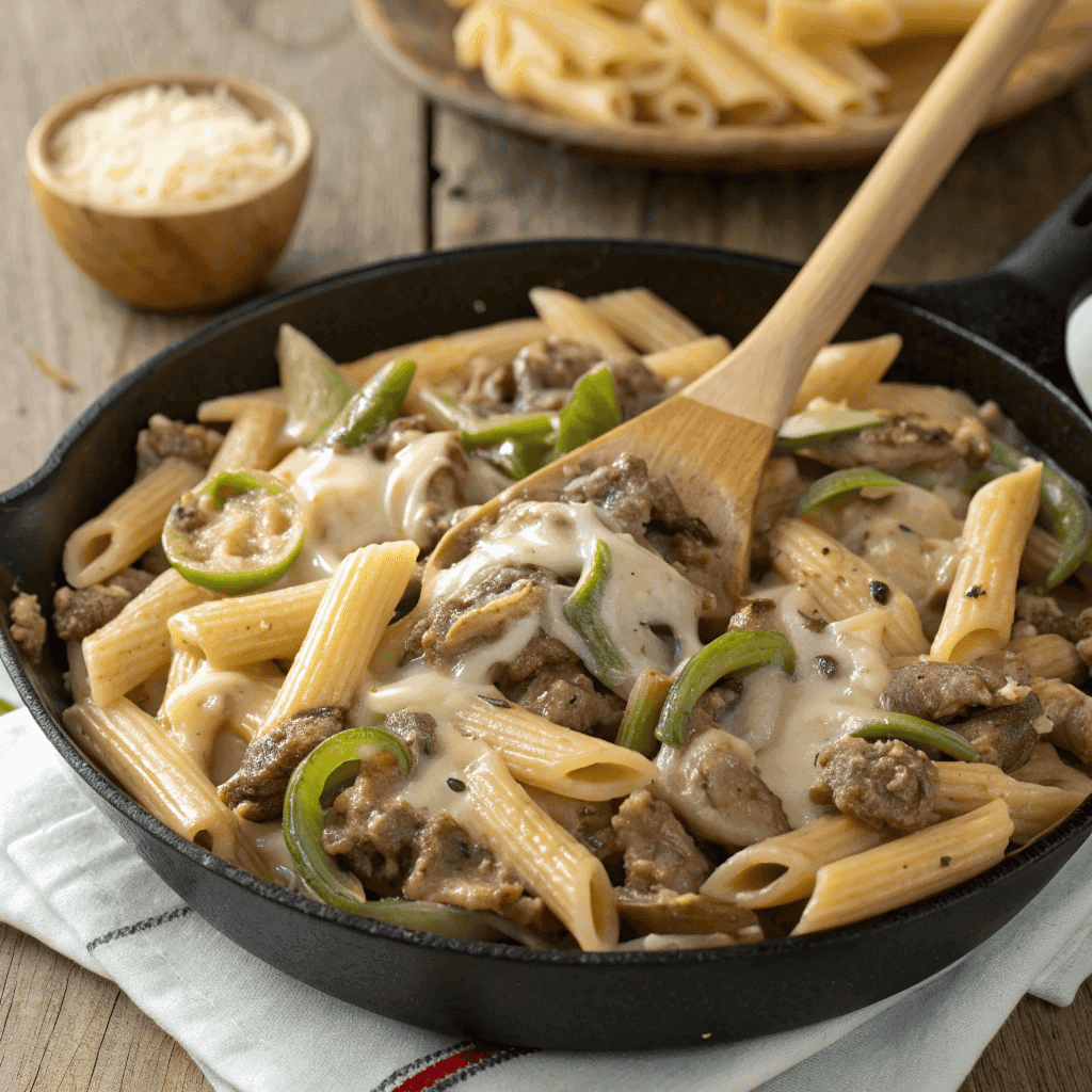 Hero shot of Philly cheesesteak pasta with peppers, mushrooms, beef, and melted cheese in a skillet.