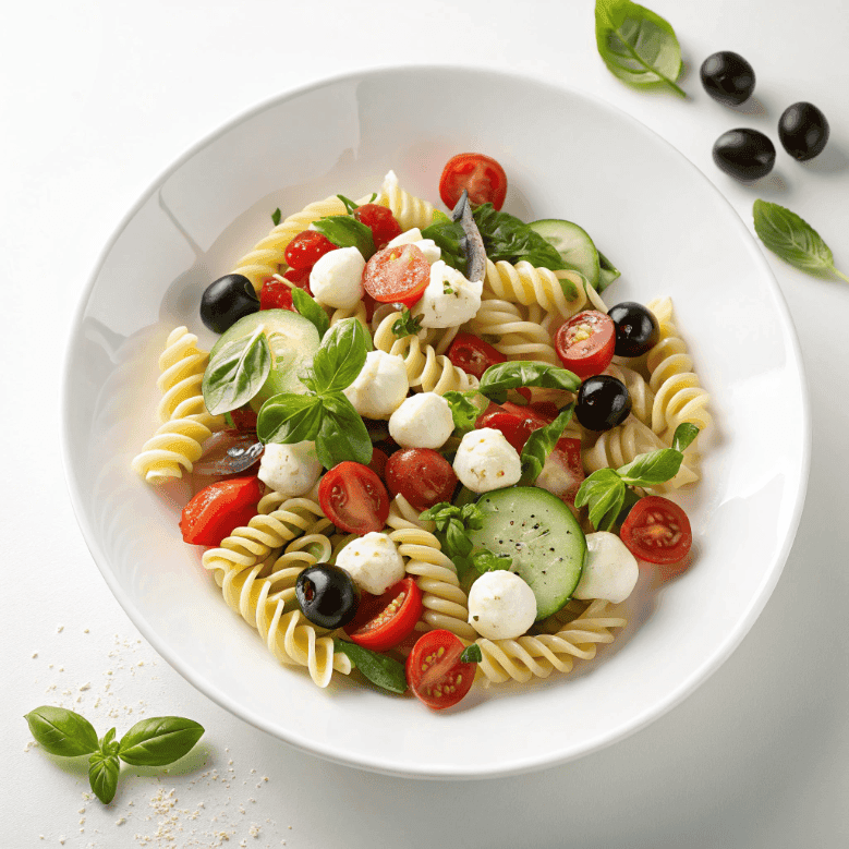 Italian pasta salad served on a white platter with fresh vegetables and mozzarella