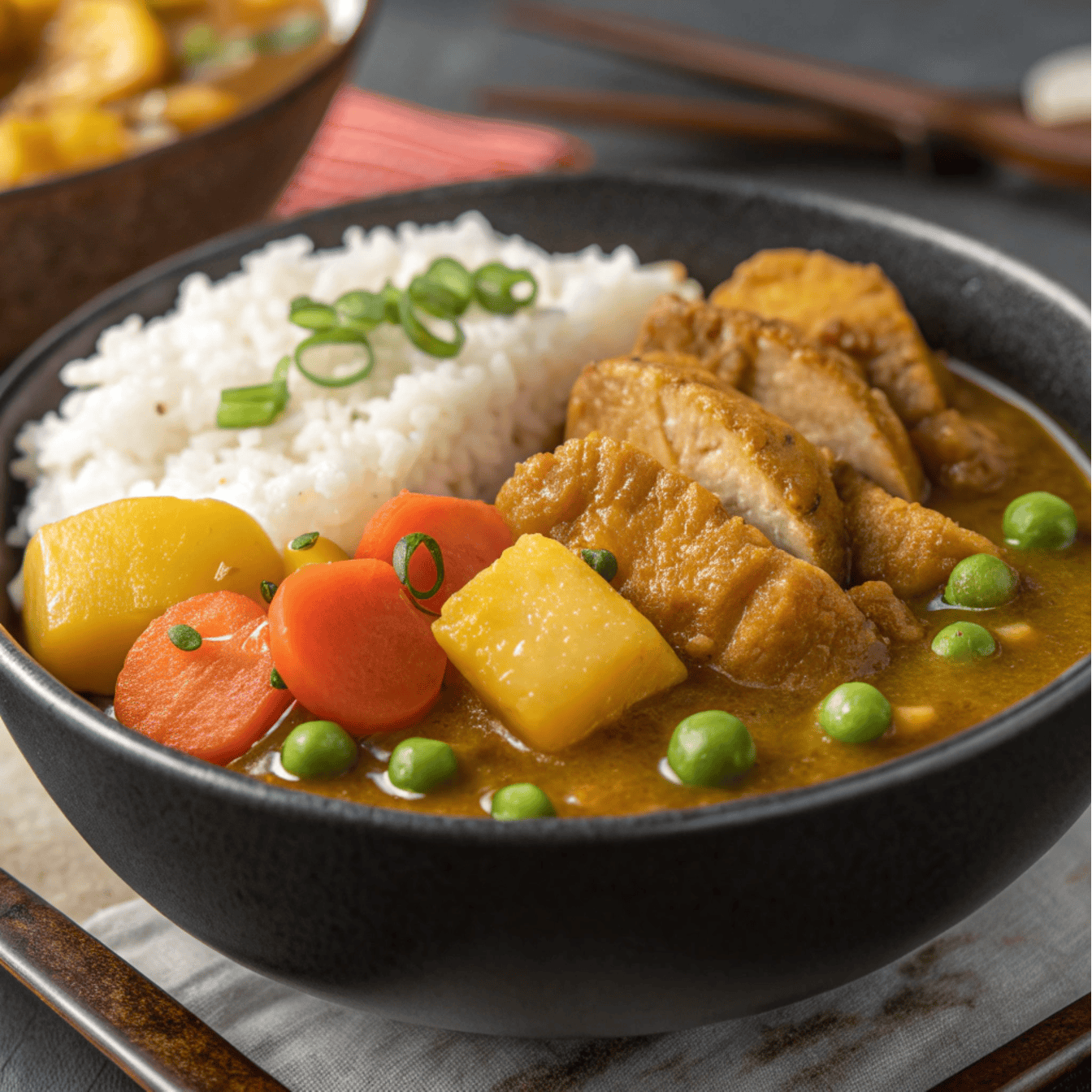 Hero shot of Japanese curry with chicken, potatoes, carrots, peas, and rice in a dark bowl.