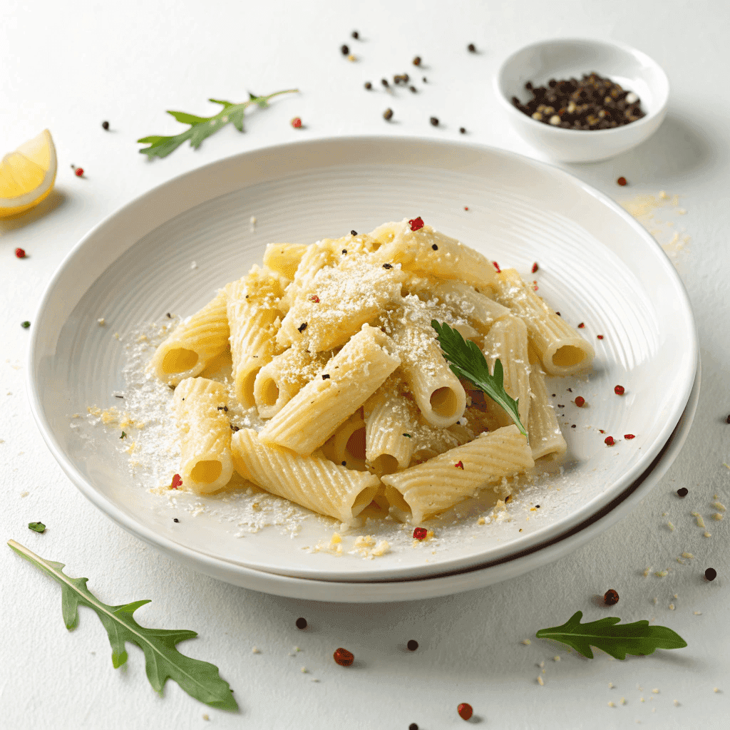 Rigatoni lemon ricotta pasta served on a white plate with parmesan and arugula.