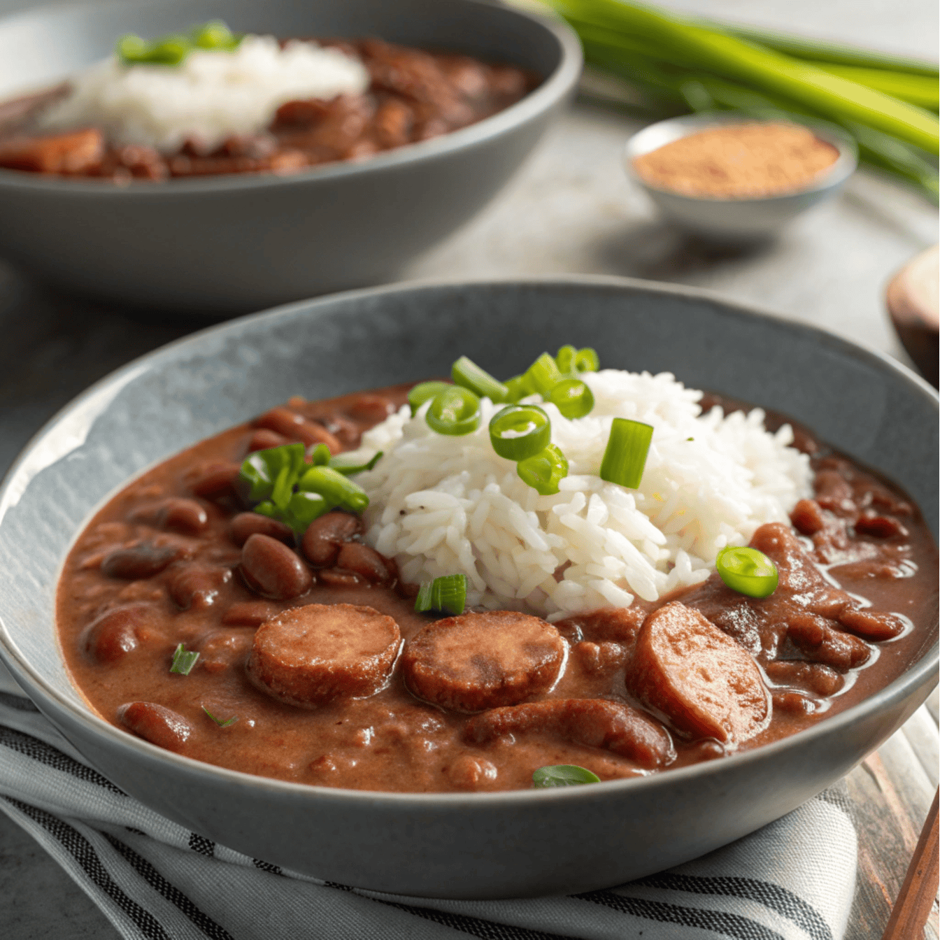 Classic Louisiana Red Beans and Rice with Cajun Chicken 4 Hero shot of Louisiana red beans and rice with sausage and green scallions in a gray bowl.