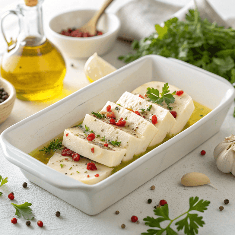 Marinated cheese appetizer served in a white dish with herbs and red peppers