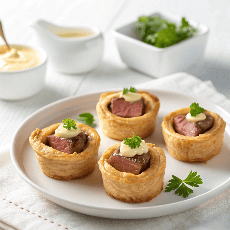 Mini beef Wellington bites with puff pastry, tender beef, creamy sauce, and parsley garnish
