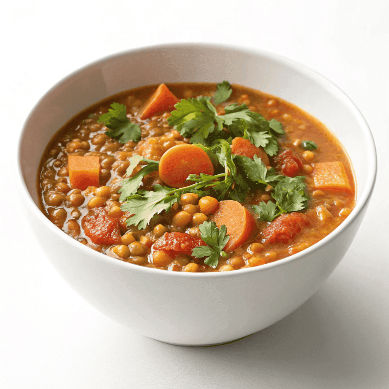 Moroccan lentil soup served in a white bowl with carrots, lentils, and cilantro