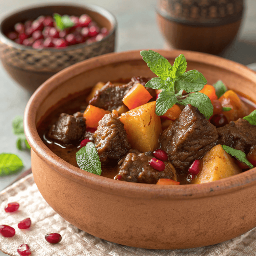 Hero shot of Moroccan spiced beef stew with beef chunks, carrots, potatoes, mint, cilantro, and pomegranate seeds in a clay bowl.