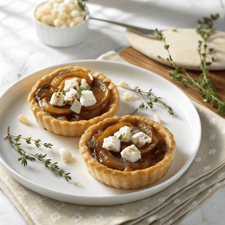 Onion and goat cheese puff pastry tarts served on a white plate