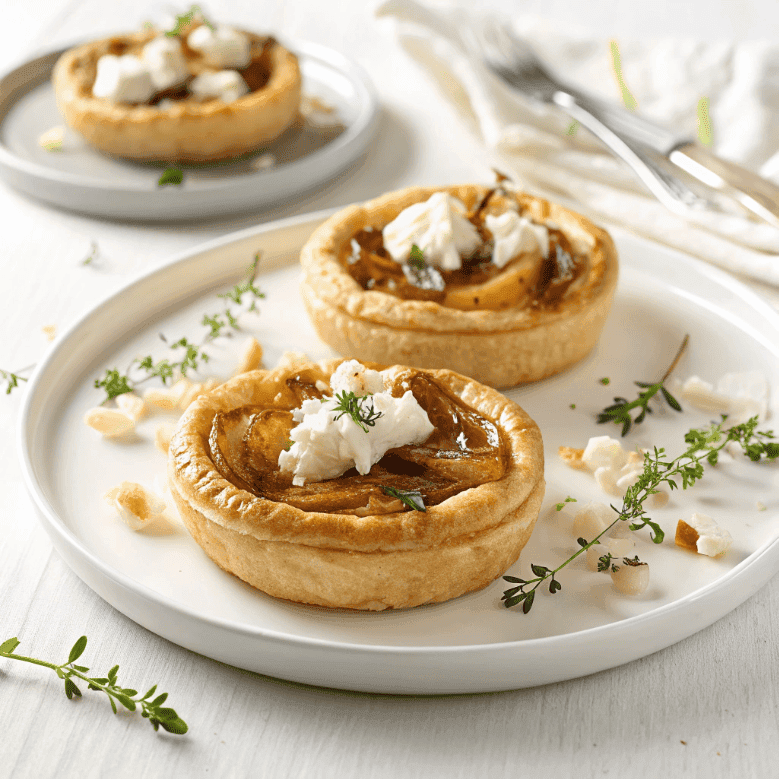 Onion and goat cheese tarts with flaky puff pastry, caramelized onions, and thyme garnish