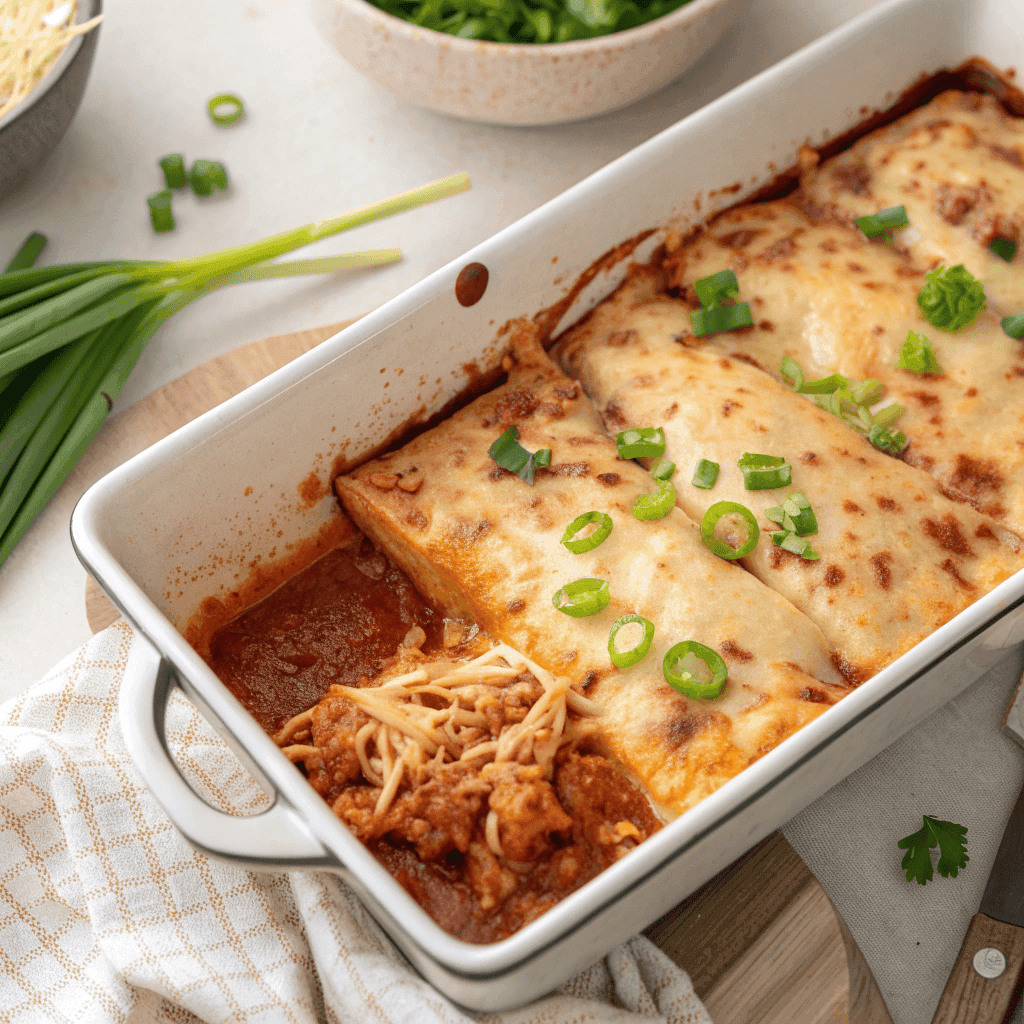 Overhead shot of a full keto chicken enchiladas casserole in a baking dish with melted cheese and enchilada sauce.