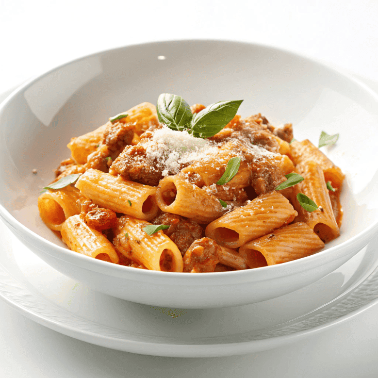 Pasta alla zozzona served on a white bowl with creamy sauce and sausage pieces