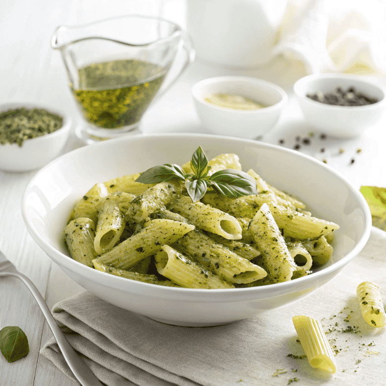 Penne pasta with creamy pesto sauce served in a white bowl