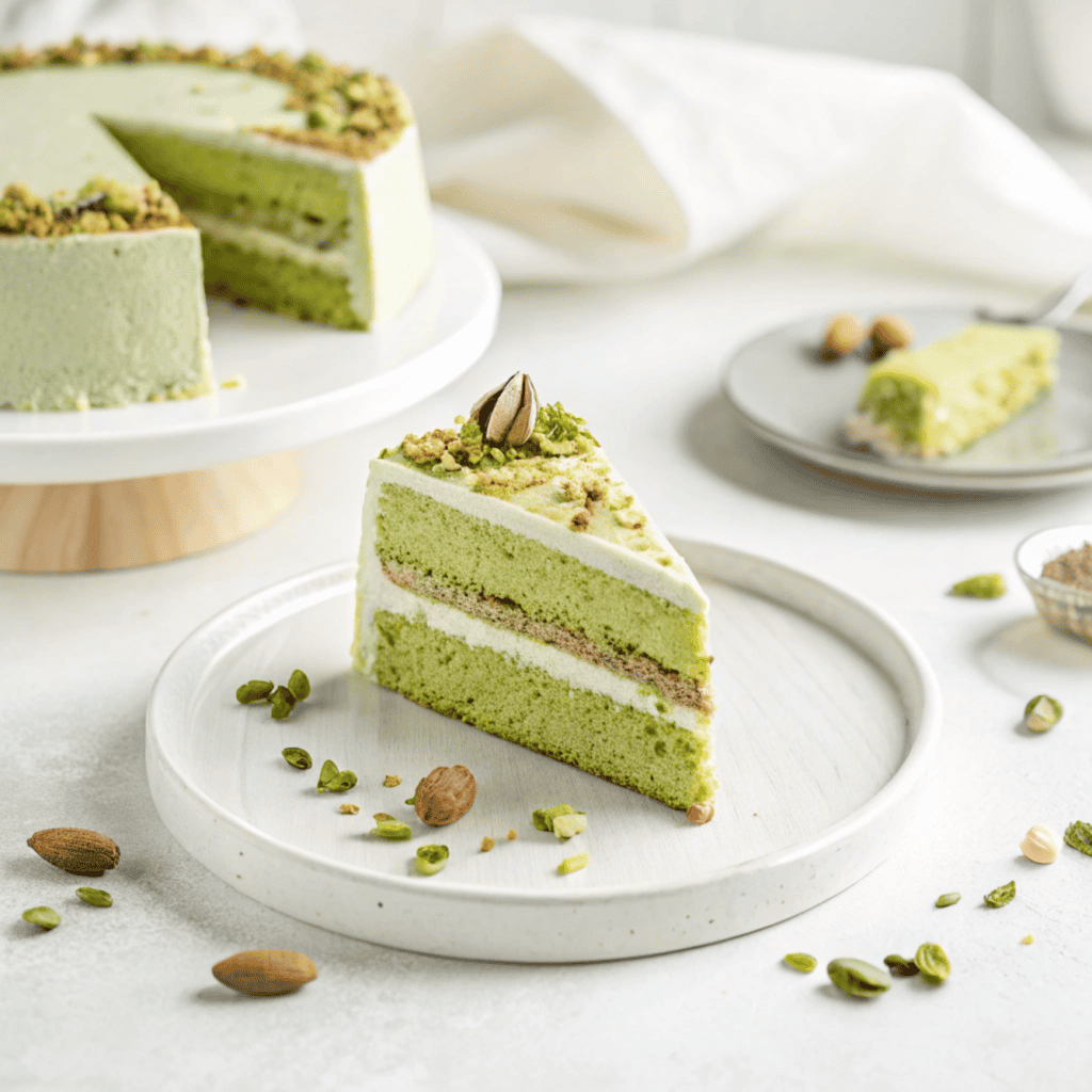 Slice of pistachio mascarpone layer cake on a white plate with pistachio garnish.