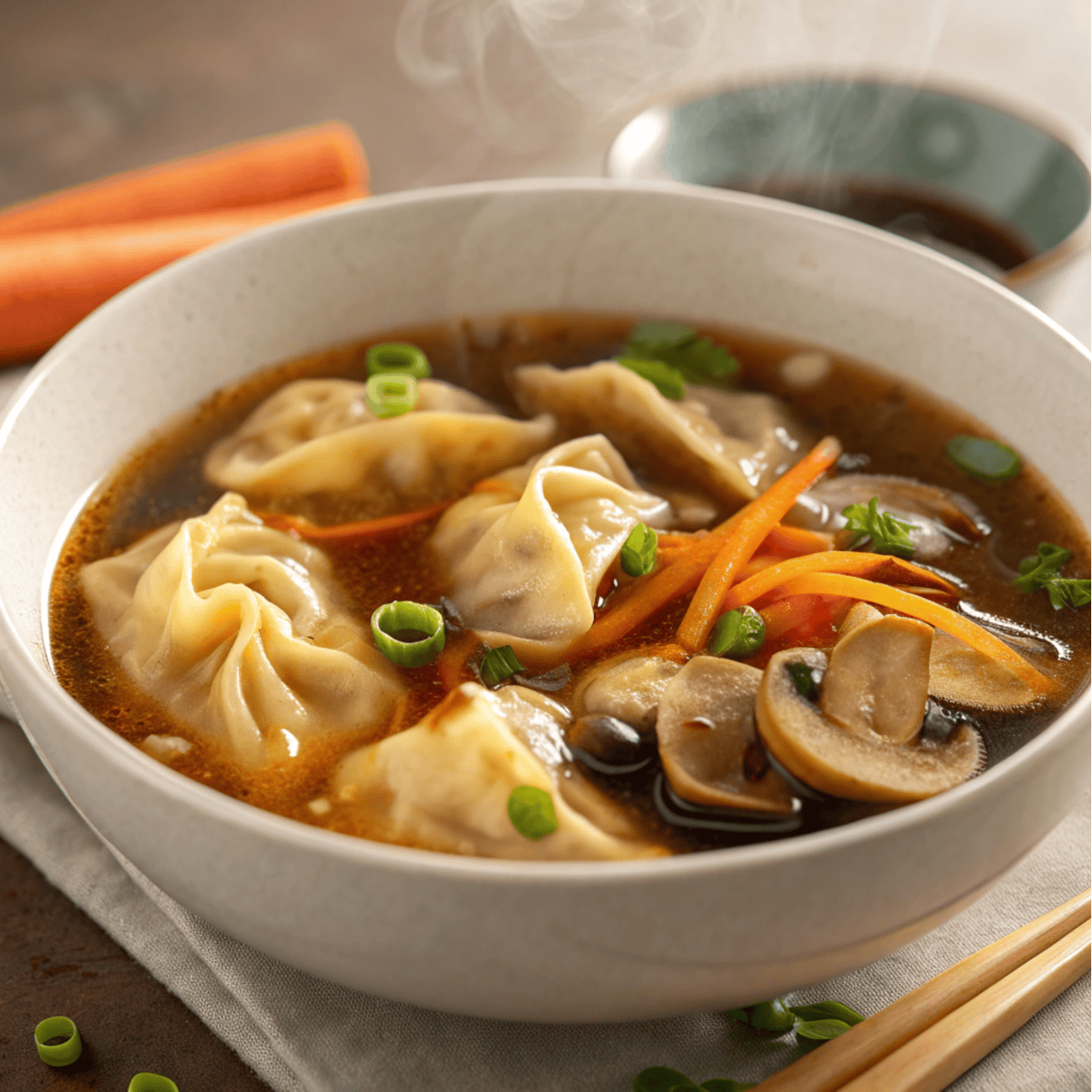 Hero shot of potsticker soup with dumplings, carrots, mushrooms, and green onions in a white bowl.