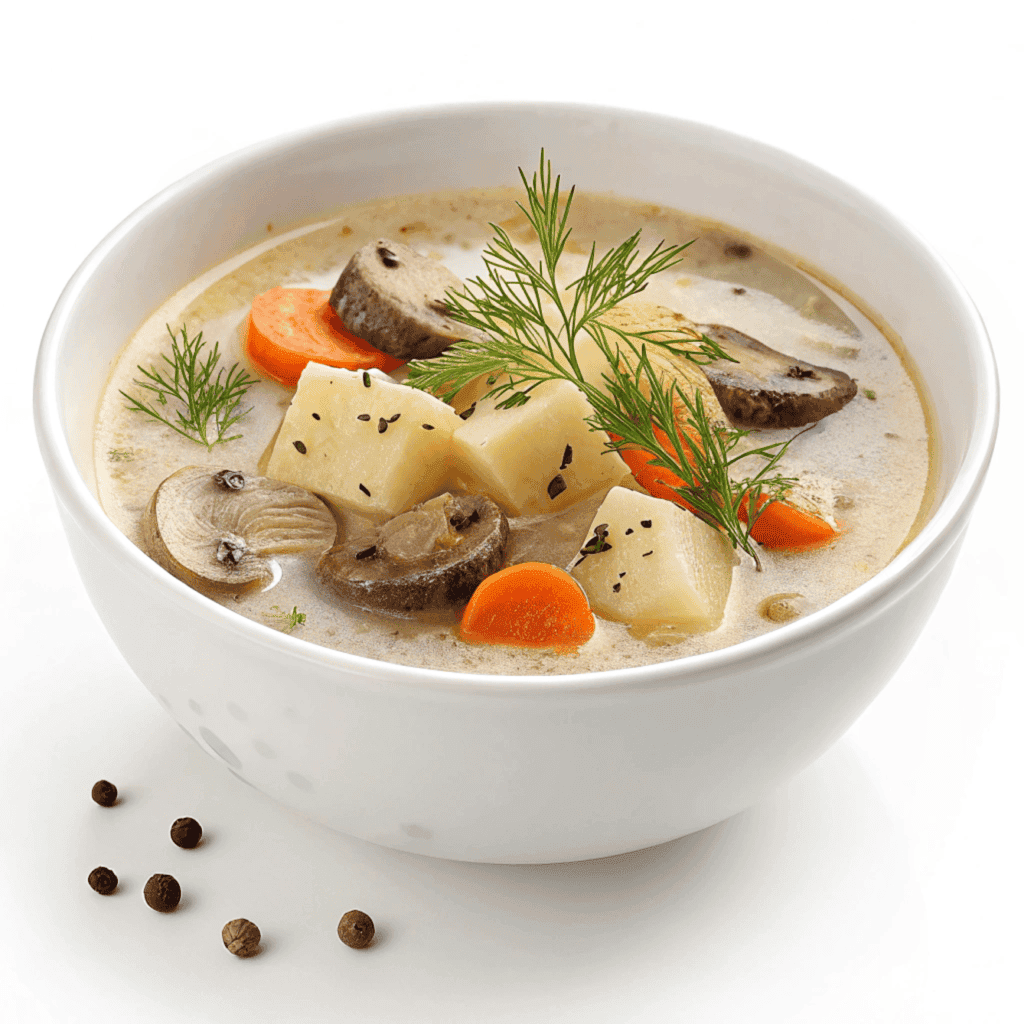 Potato and mushroom soup with dill and carrots served in a white bowl.