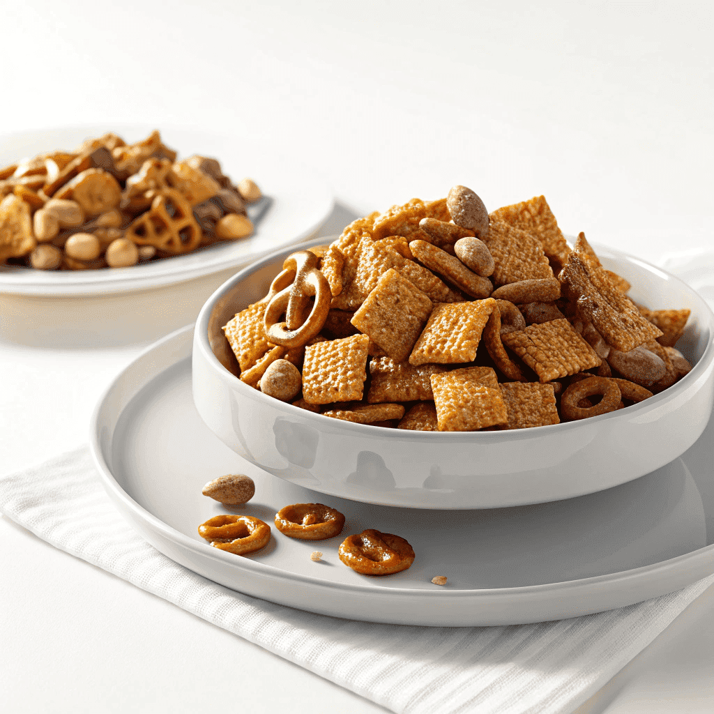 Toffee-coated Chex Mix displayed on a clean white plate with a crisp, bright background.