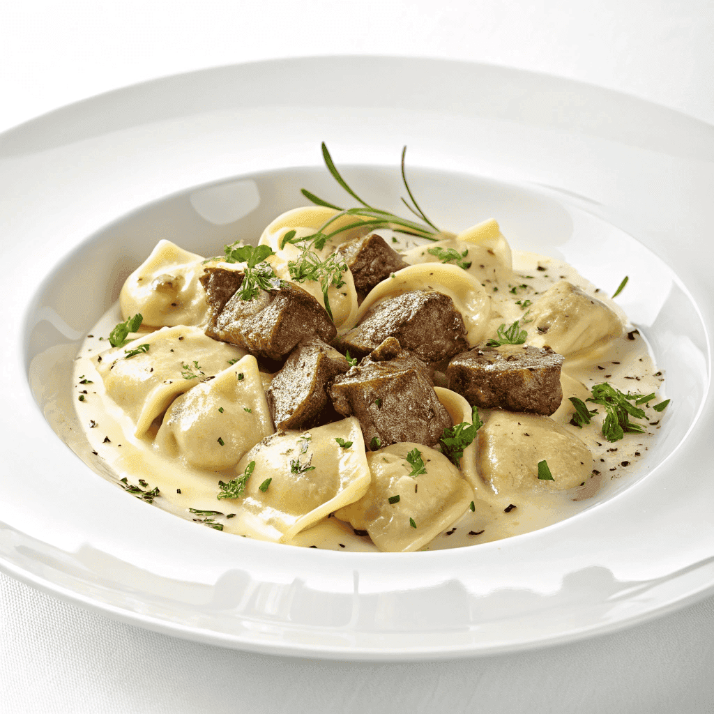 Steak bites and creamy garlic tortellini served on a clean white plate.