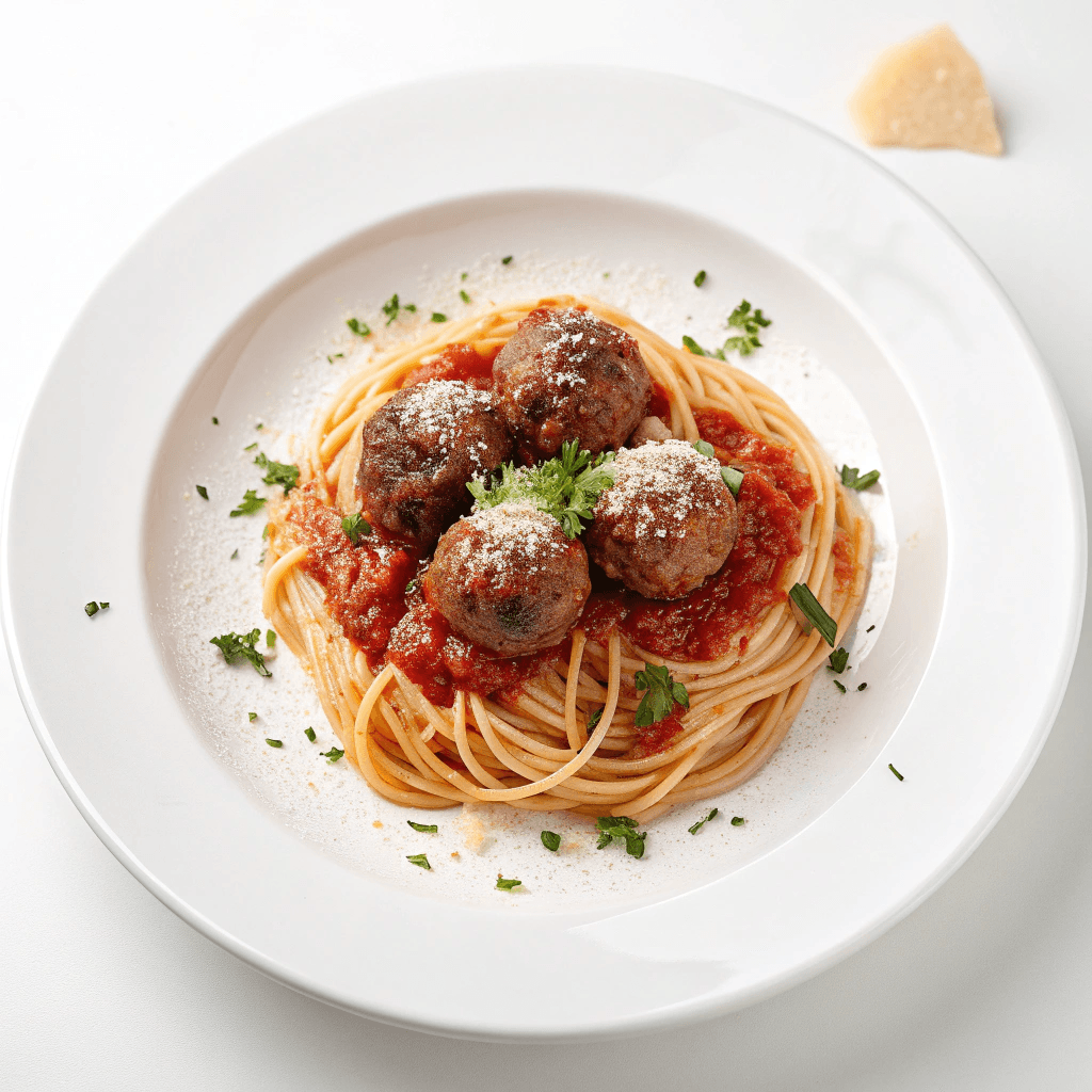 Spaghetti and Meatballs with Tomato Sauce – Classic Homemade Recipe 1 Spaghetti with tomato sauce and meatballs served on a white plate with parsley and parmesan.