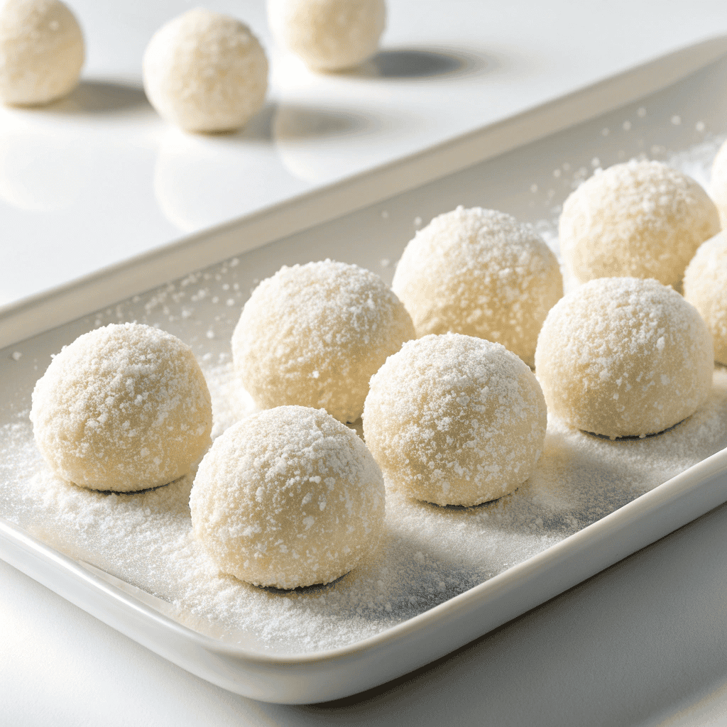 Sweetened Condensed Milk Snowballs Recipe 1 Sweetened condensed milk snowballs served on a white plate with coconut coating and soft snowy texture.