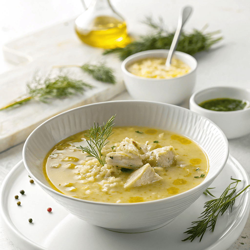 Avgolemono soup served in a white bowl with lemony golden broth, chicken pieces, rice, dill, and olive oil.