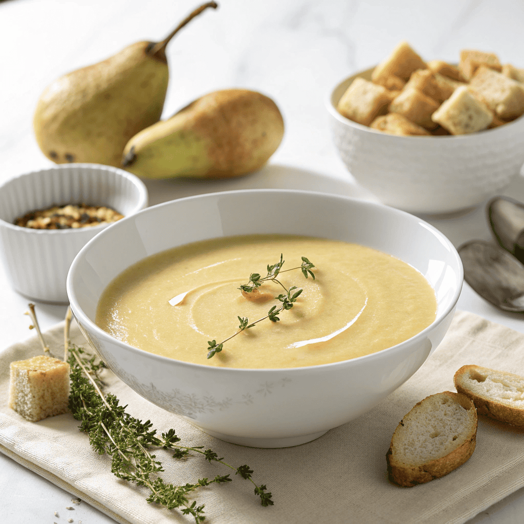 Parsnip and pear soup served in a white bowl with crispy croutons and thyme garnish on a white background.