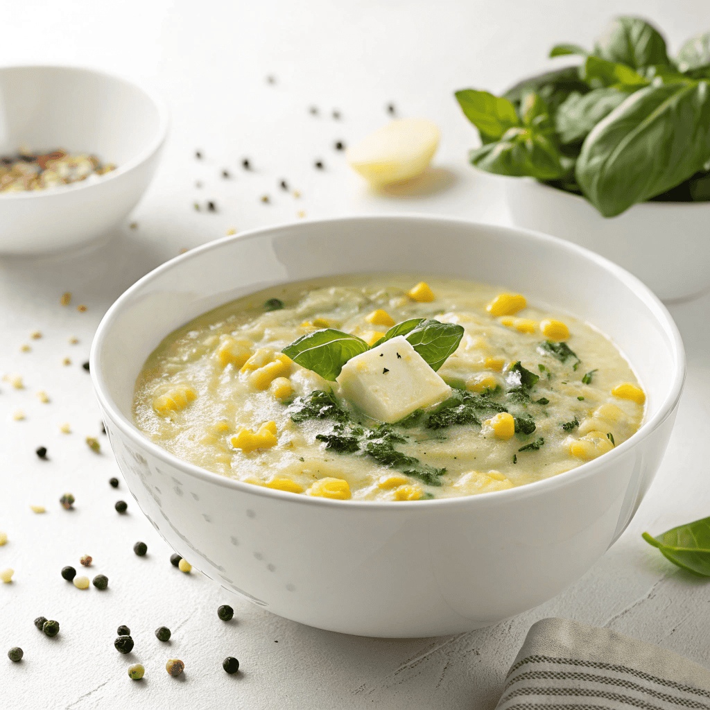Irish Colcannon Soup : Creamy Potato and Cabbage Comfort Bowl 1 Irish colcannon soup served in a white bowl with potatoes, greens, corn, butter, black pepper, and basil.