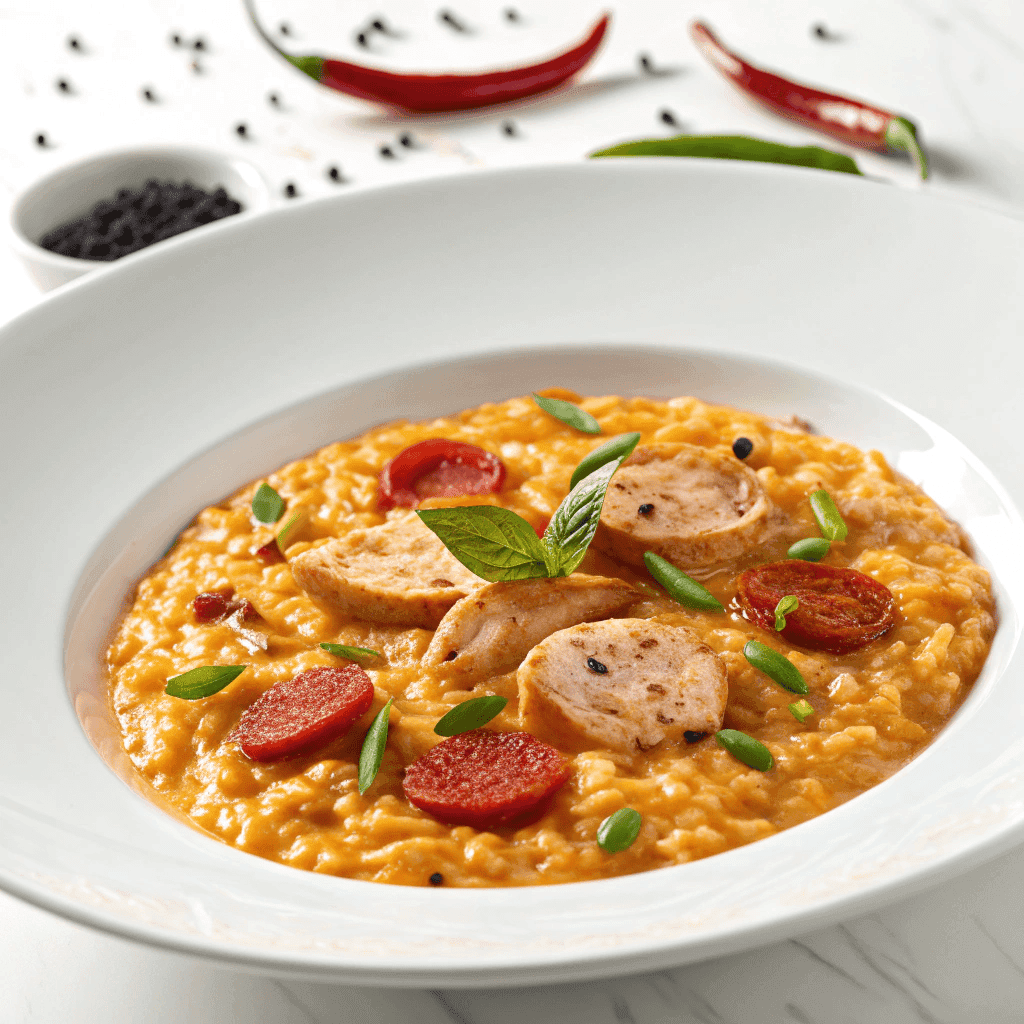 Basque-style risotto served on a white plate with creamy rice, sliced chicken, chorizo, green peppers, and black pepper seasoning.