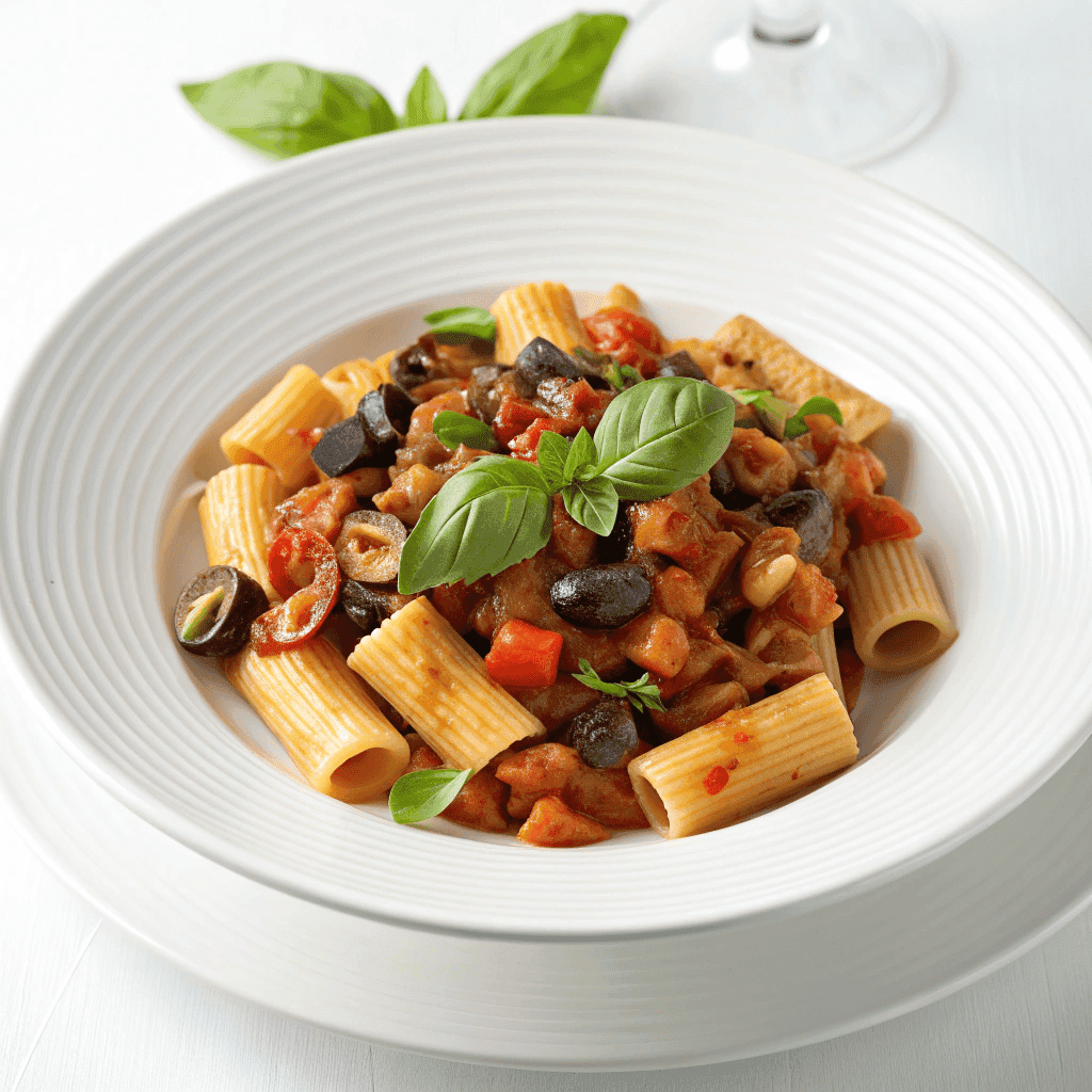 Eggplant caponata pasta served on a white plate with rigatoni, tomato sauce, eggplant, celery, basil, and olives.