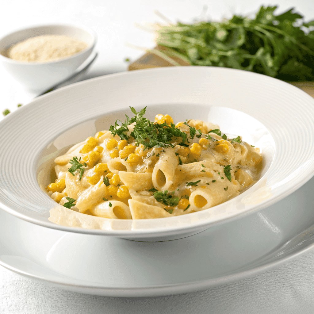 Creamy one-pot corn pasta served on a white plate with curved pasta, sweet corn, and fresh herbs.