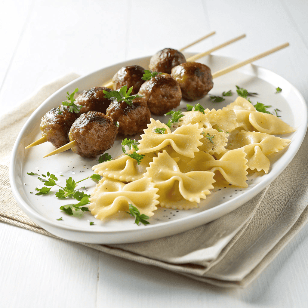 Bowtie Pasta & Meatball Skewers : Fun Party Appetizer with Marinara 1 Bowtie pasta and meatball skewers served on a white plate with glazed meatballs and herb garnish.