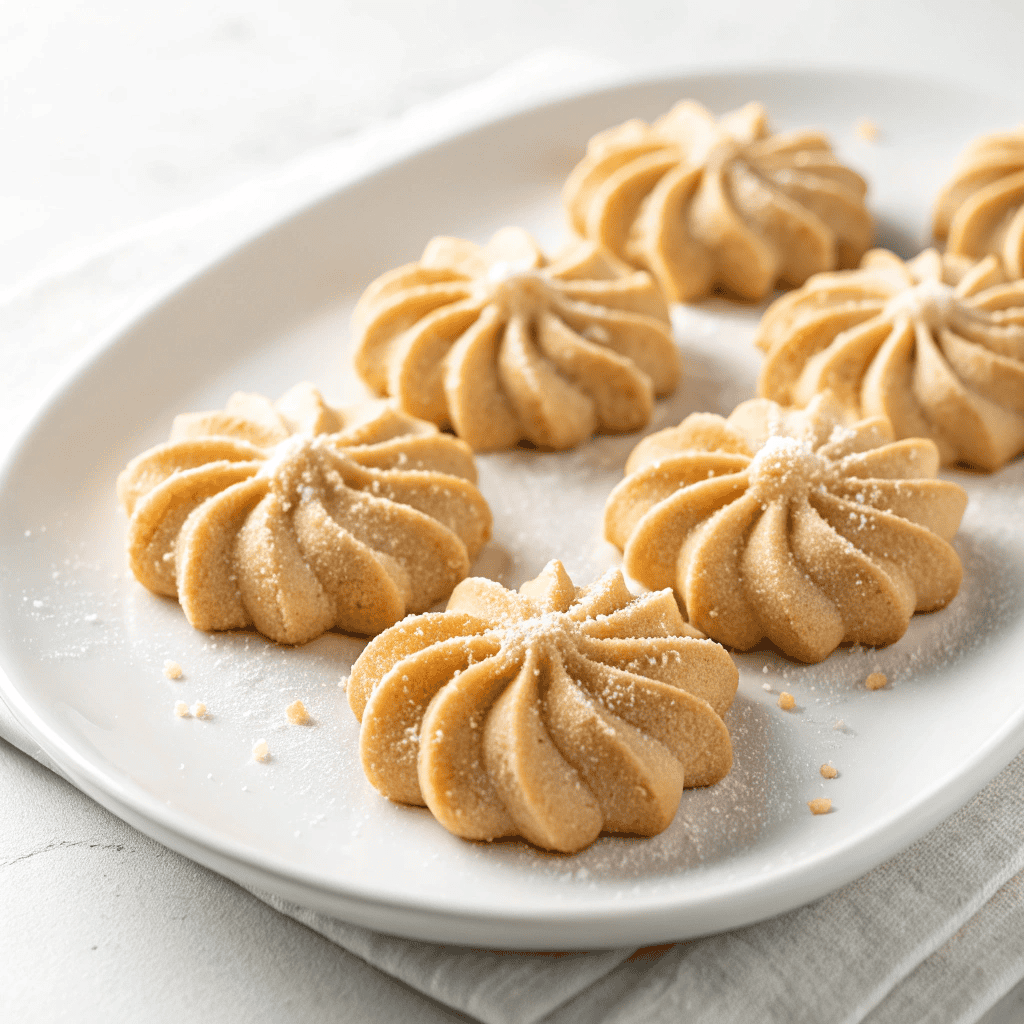 Peanut butter spritz cookies arranged on a white plate with classic piped rosette shapes and sugar-dusted tops.