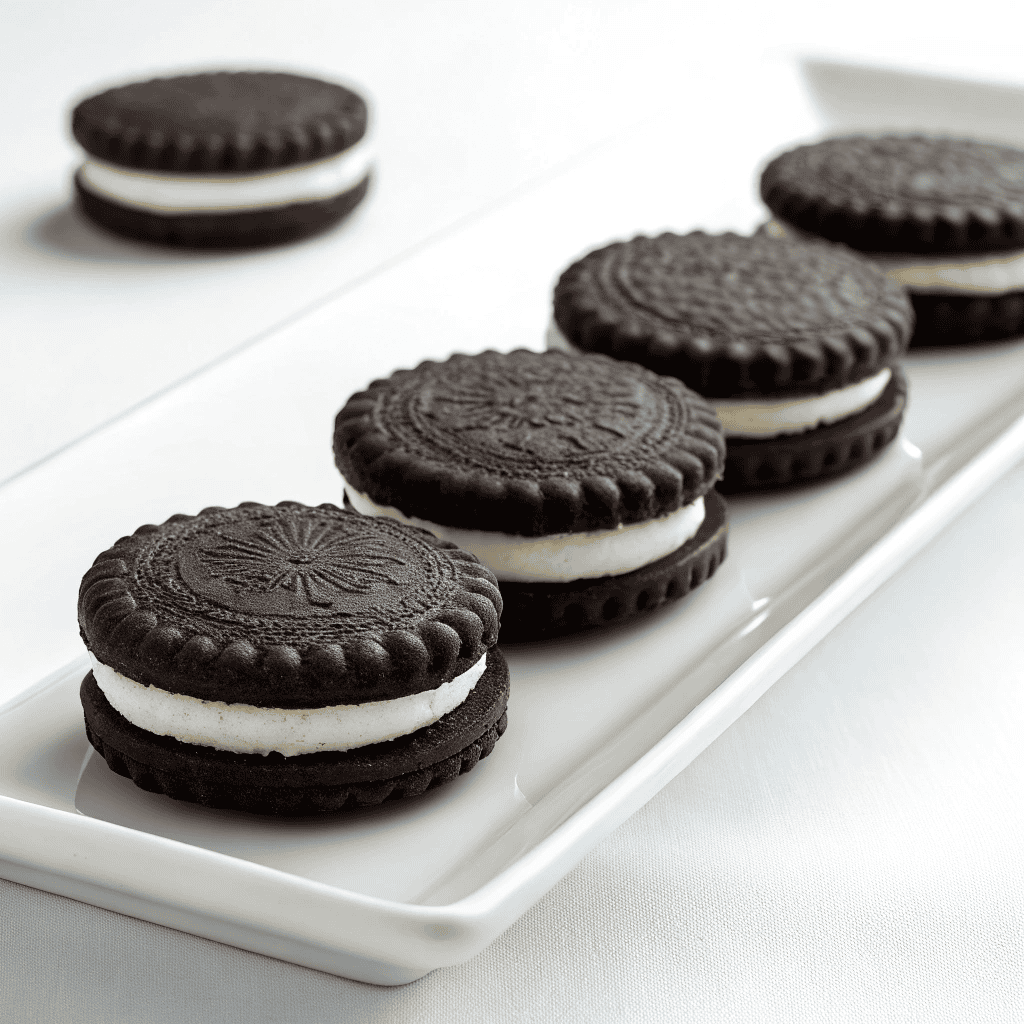 Black cocoa sandwich cookies served on a white plate with thick vanilla cream filling and dark cookie layers.