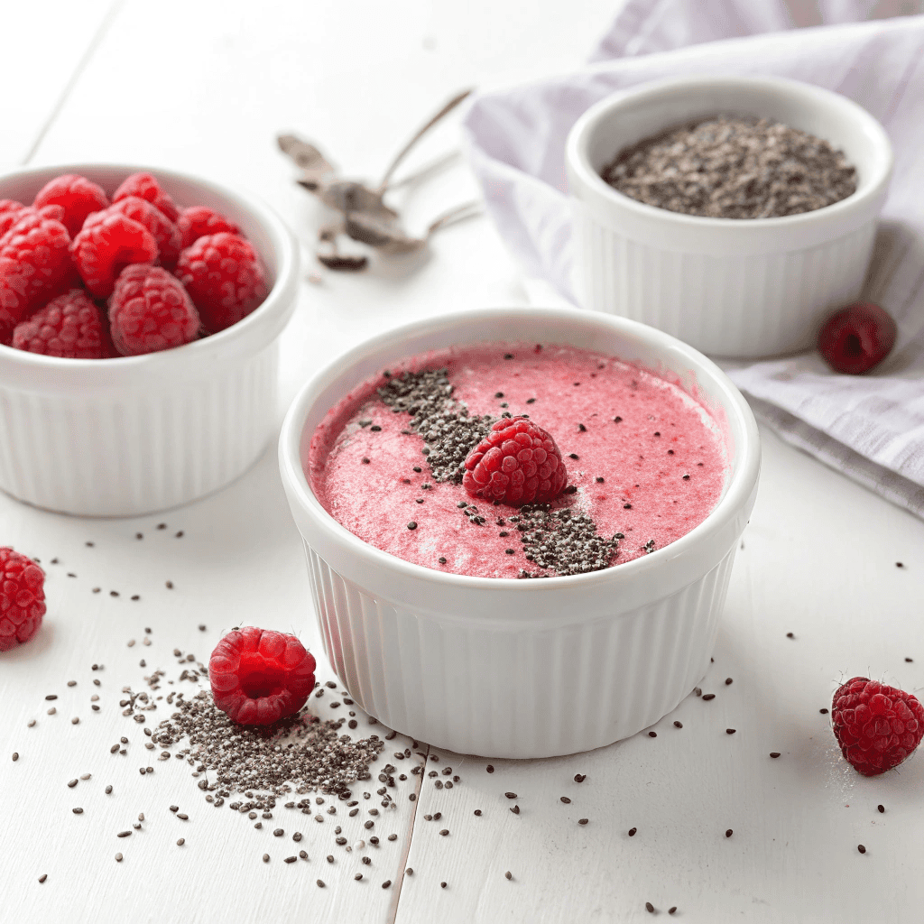 Raspberry Chia Pudding - Healthy Dessert Recipe 1 Raspberry chia pudding served in a white ramekin with fresh raspberries and chia seed garnish on a white background.