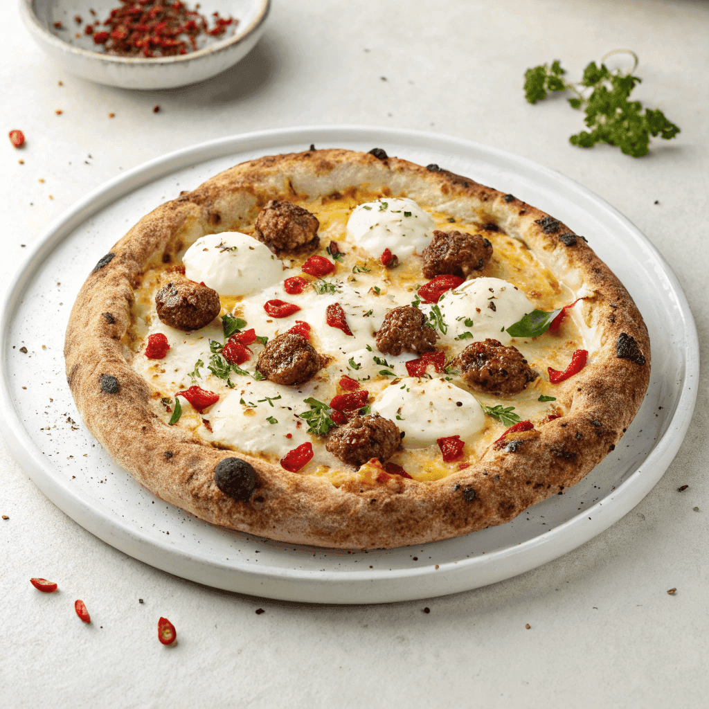 Sausage feta honey pizza served on a white plate showing charred crust, melted cheese, browned sausage pieces, feta crumbles, and honey drizzle.