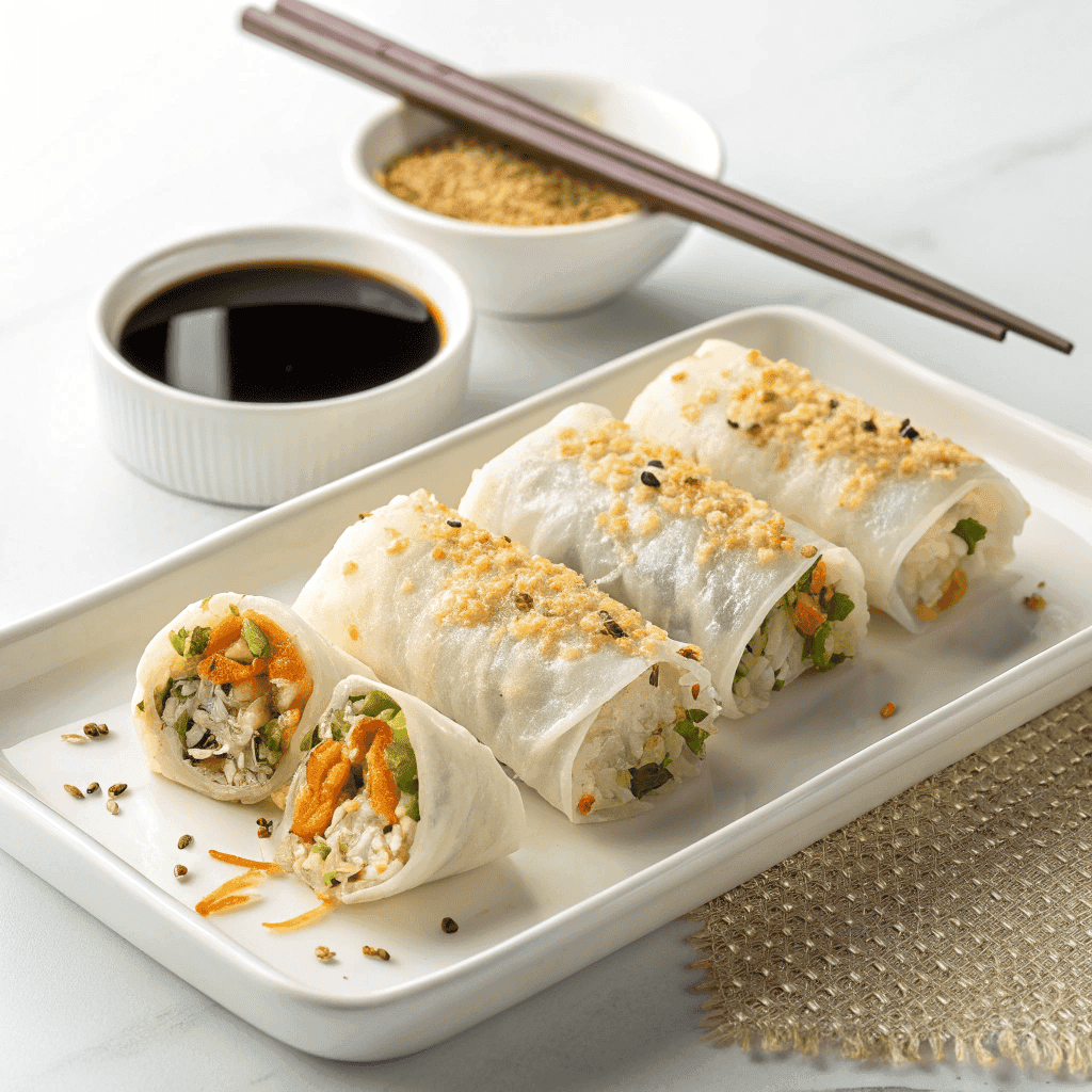 Crispy rice paper noodle rolls served on a white plate with dipping sauce