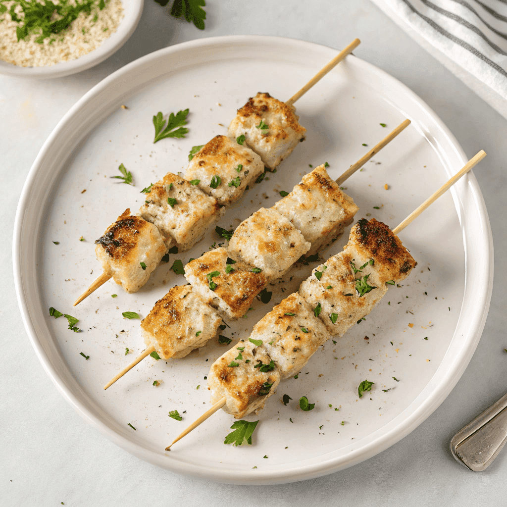 Air fryer garlic parmesan chicken skewers served on a white plate