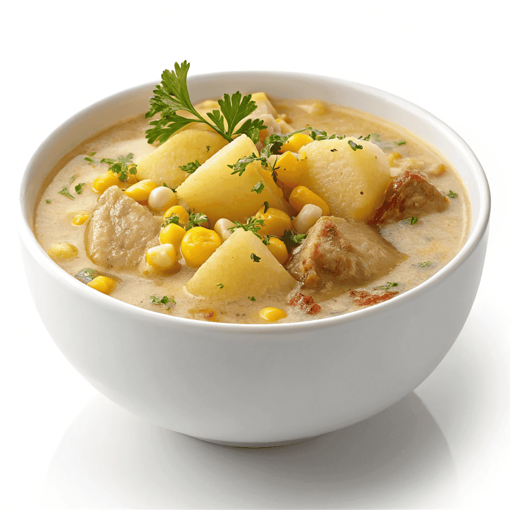 Creamy potato and corn soup with bacon served in a white bowl