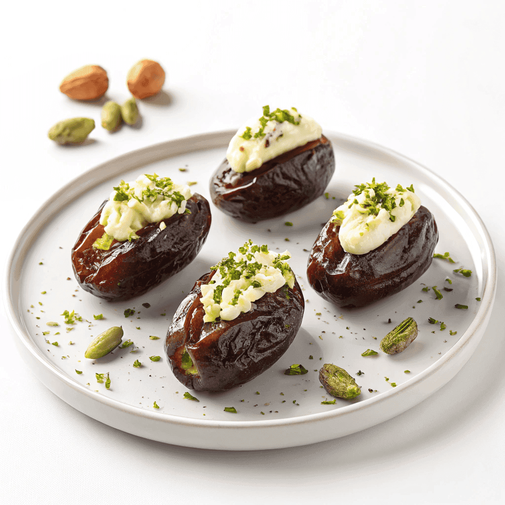 Boursin cheese stuffed dates topped with pistachios served on a white plate