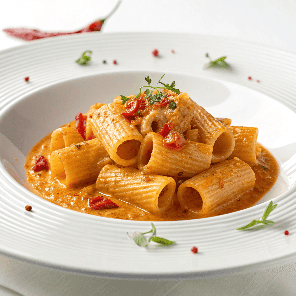 Spicy rigatoni pasta plated cleanly on a white dish with creamy orange sauce