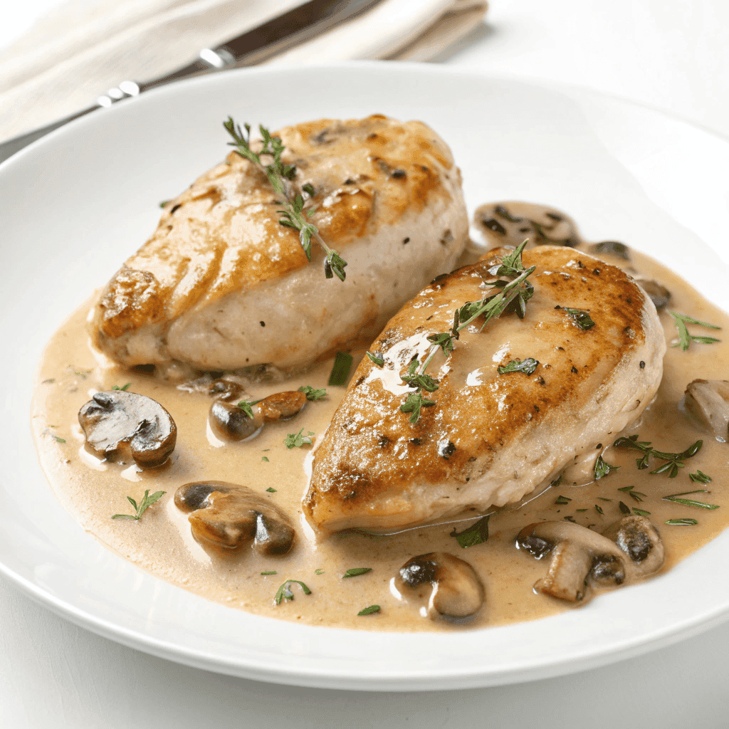 Creamy Chicken Madeira with mushrooms and melted cheese on a white plate