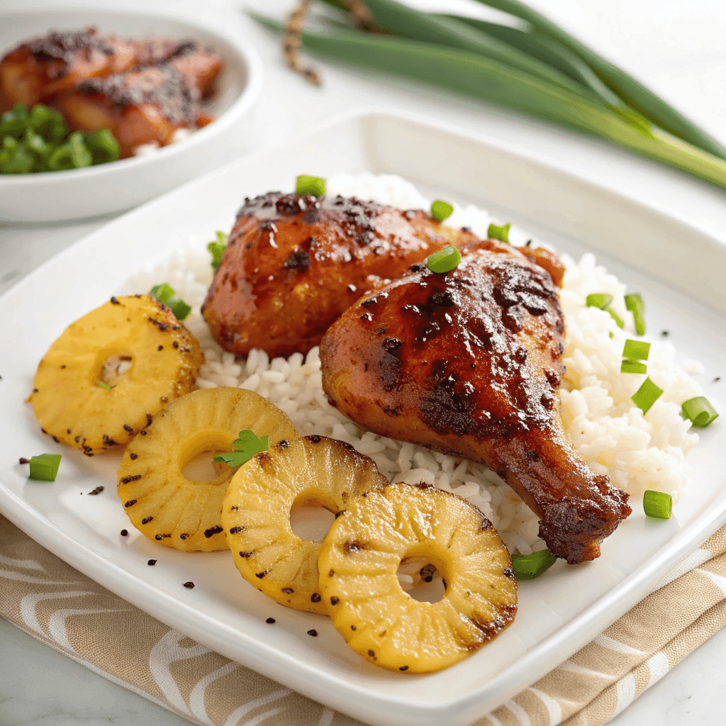 Hawaiian Huli Huli chicken with grilled pineapple and rice on a clean white plate
