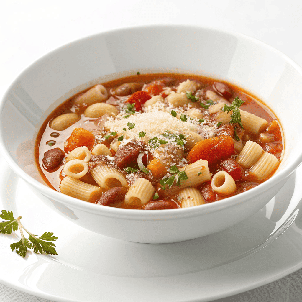 Pasta fagioli soup with beans, pasta, vegetables, and parmesan in a white bowl