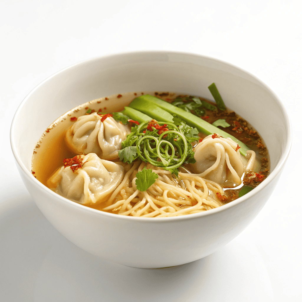 Clear Japanese dumpling soup with noodles and scallions served in a white bowl