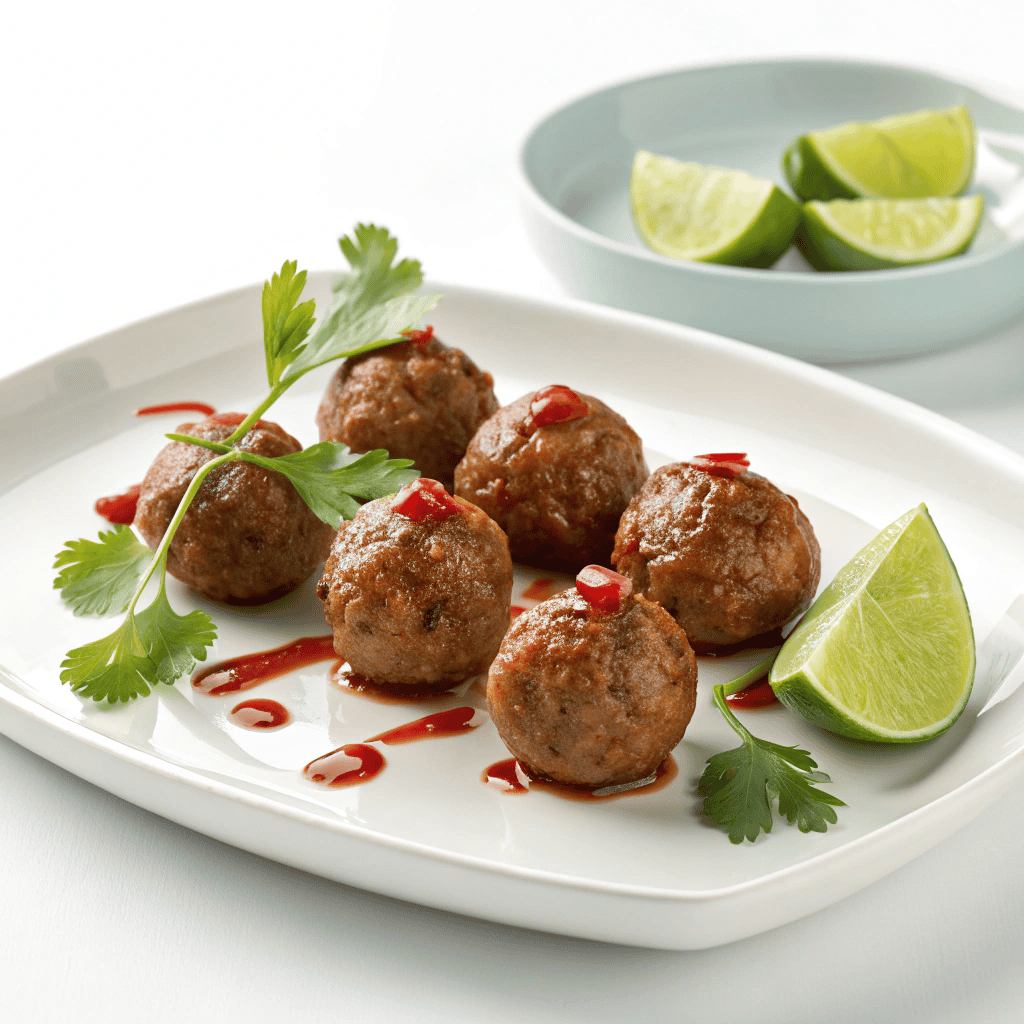 Mexican-style glazed meatballs garnished with cilantro and red chili on a white plate