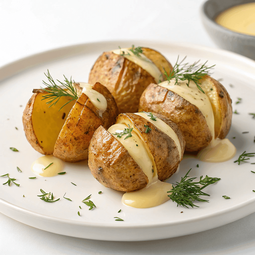 Roasted baby potatoes with creamy mustard sauce and dill on a white plate