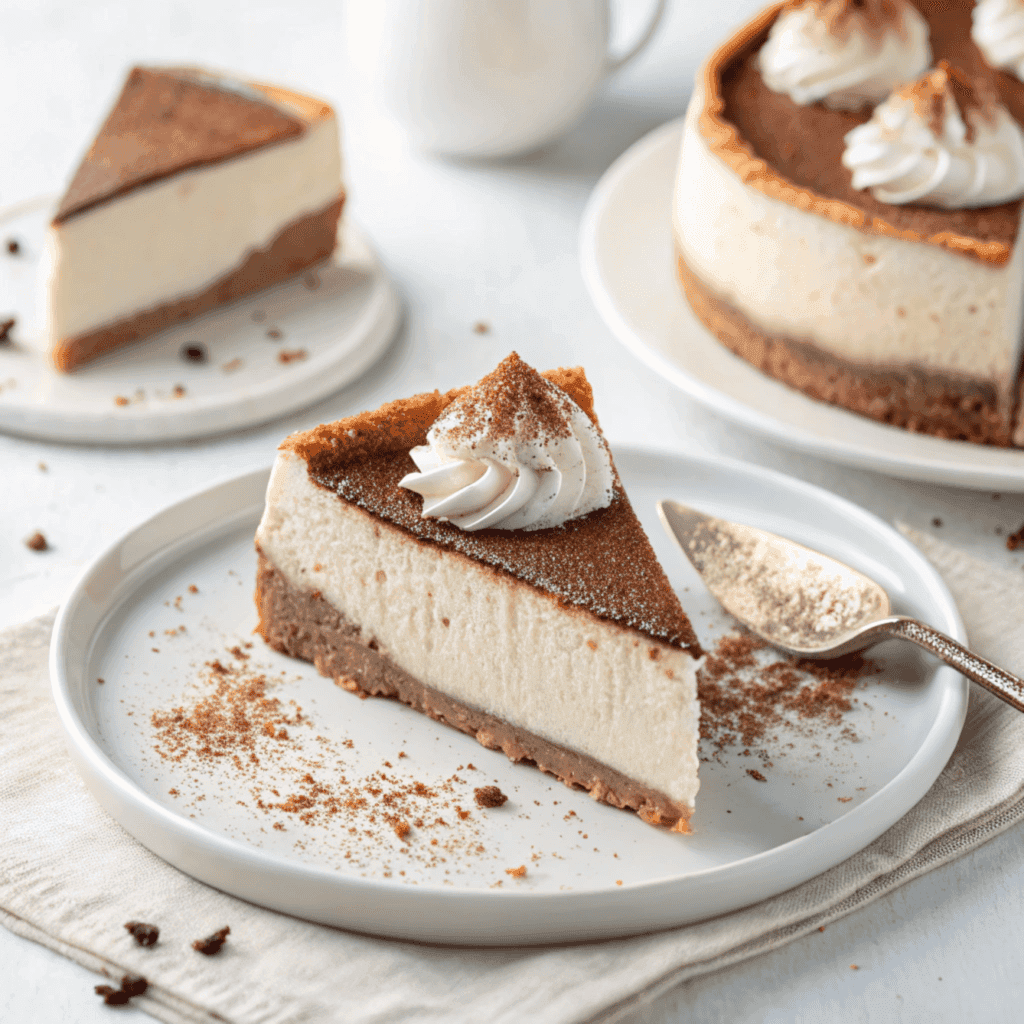 Slice of tiramisu Basque cheesecake with cocoa-dusted mascarpone topping on a white plate.