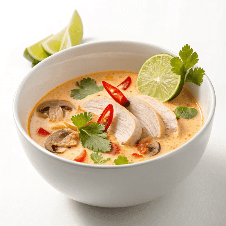 Tom Kha Gai coconut chicken soup served in a white bowl with mushrooms and herbs
